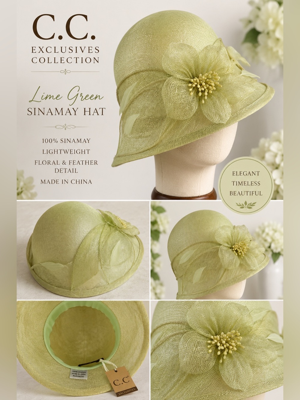 C.C Exclusives Lime Green Sinamay Cloche Hat Floral Feather Church Wedding Derby